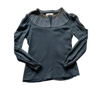 Tory Burch Womens/Teen Silk Sheer Blouse Beaded/Pearl Collar Slate color Size 0